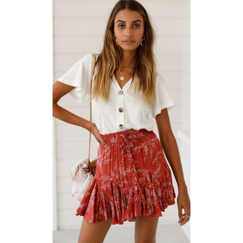 Red Floral Withdraw Flounced Mini Skirt