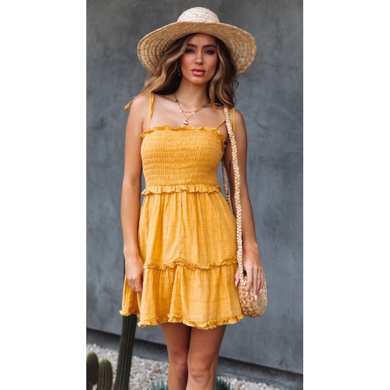 Yellow Smocked Shoulder-Tie Mini Dress