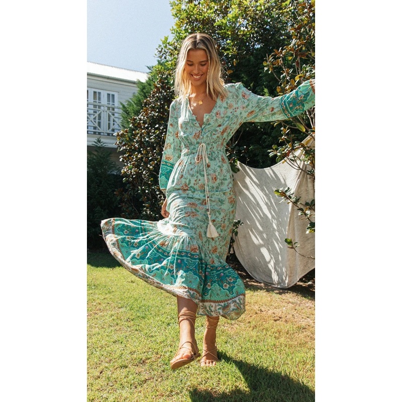 Aqua Boho Floral Long Sleeves Dress