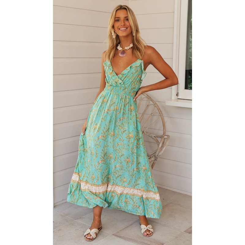 Aqua Floral Surplice Slip Dress