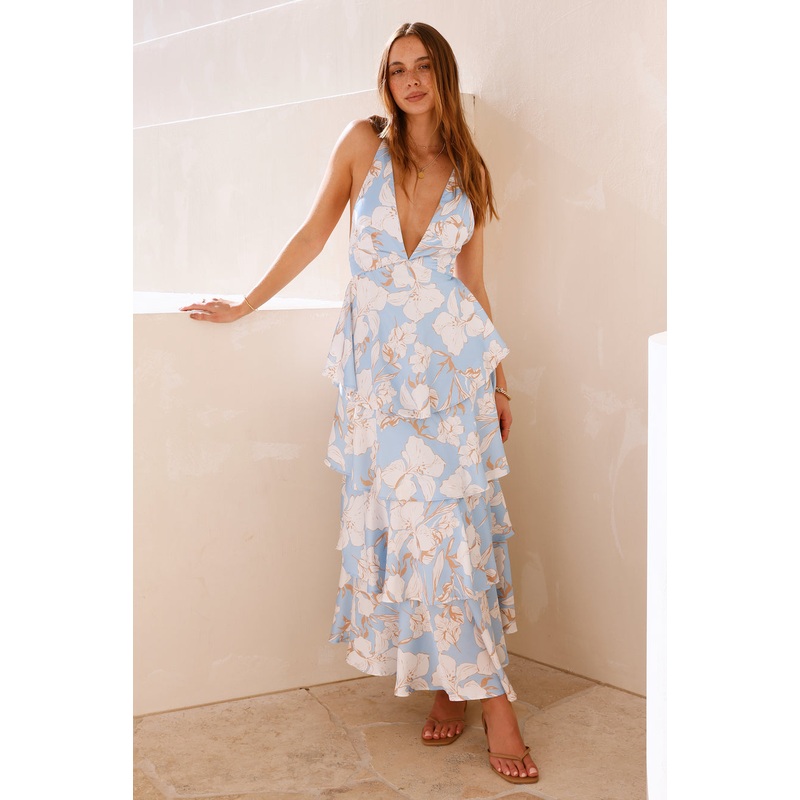 Ocean Trails Satin Maxi Dress Blue