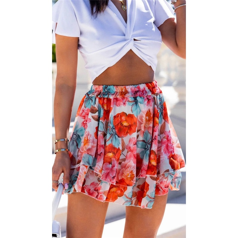Red Rose Print Layered Mini Skirt