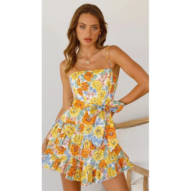 Yellow Rose Print Slip Dress