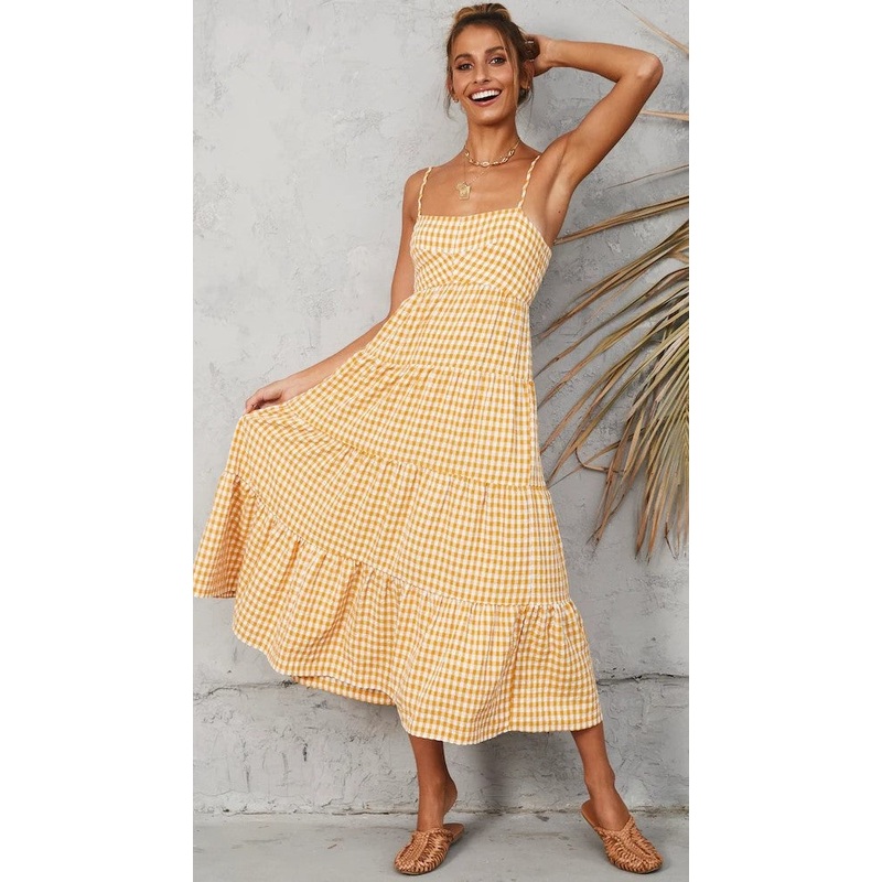 Yellow Plaid Slip Midi Dress