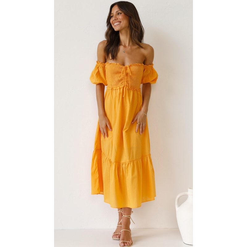 Yellow Smocked Off Shoulder Midi Dress