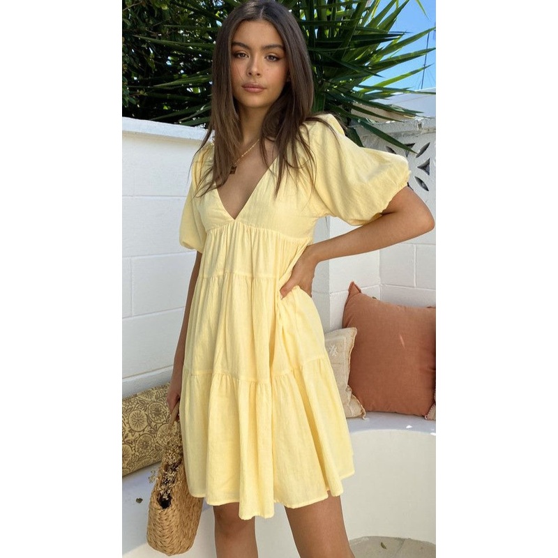 Yellow Solid V Neck Mini Dress
