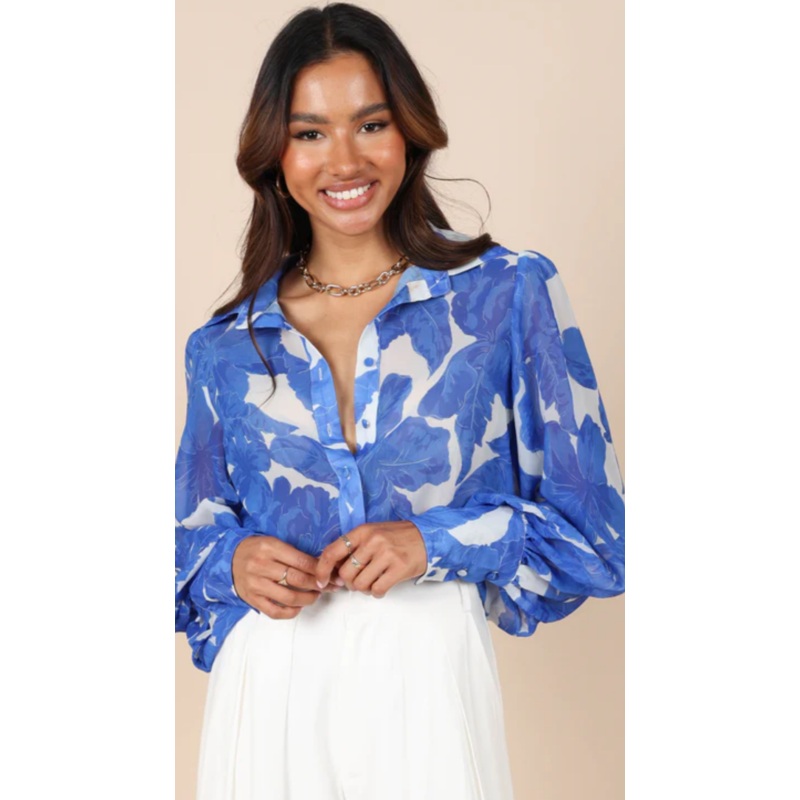 Blue Floral Button Down Blouse