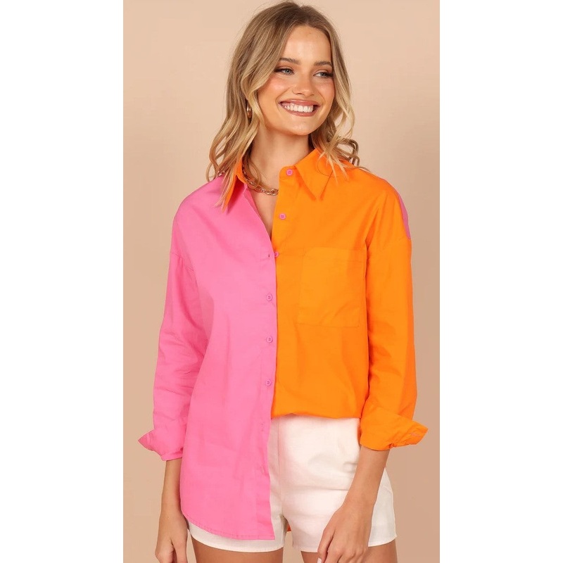 Orange Pink Block Button Down Shirt