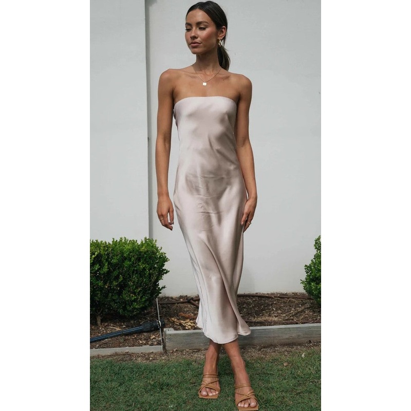 Beige Bandeau Satin Midi Dress