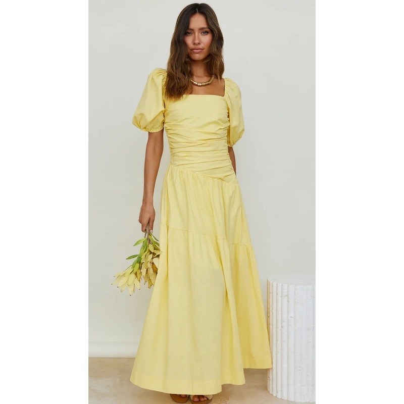 Yellow Pleated Midi Dress