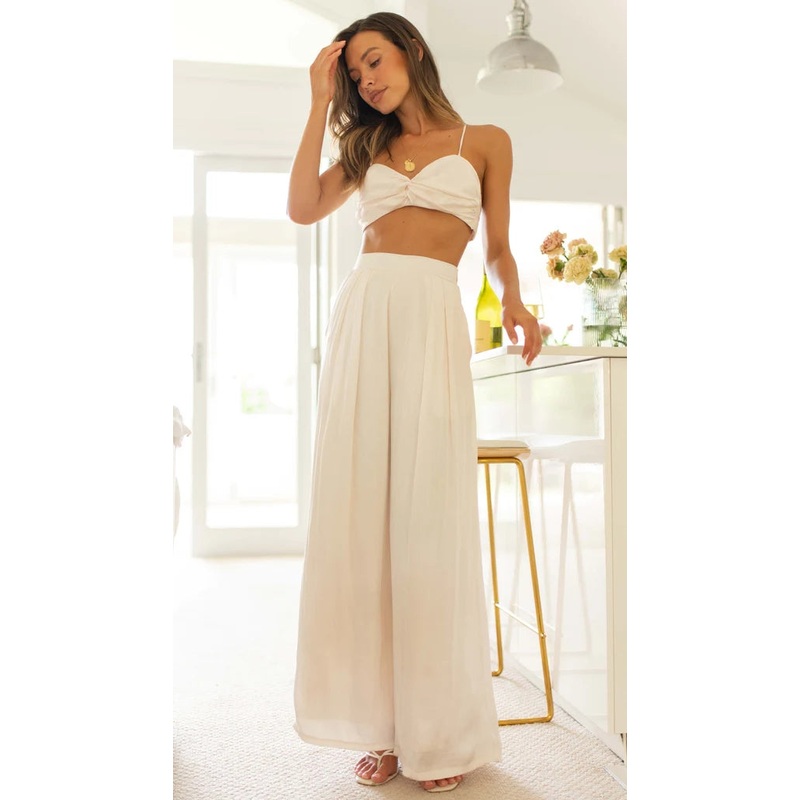 Beige Wide-Leg Pleated Casual Pants