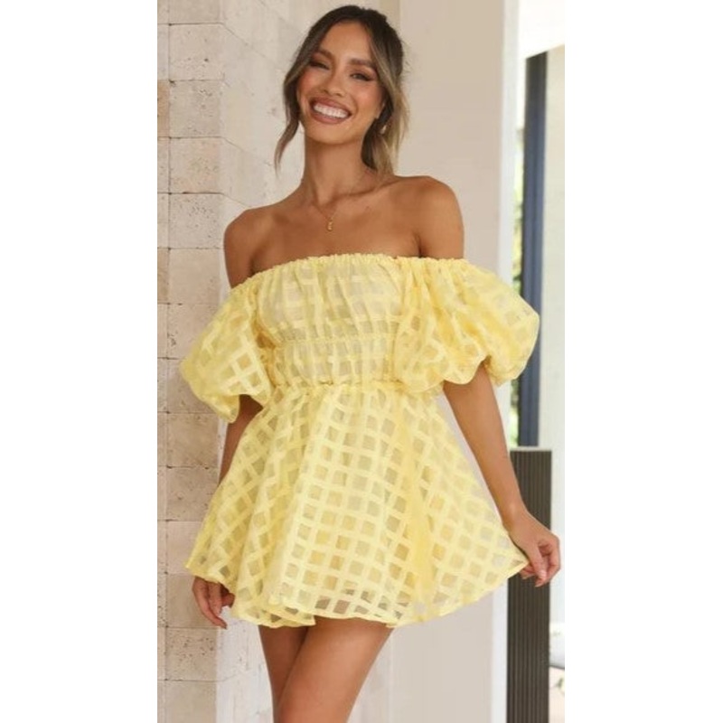Yellow Textured Off Shoulder Dress