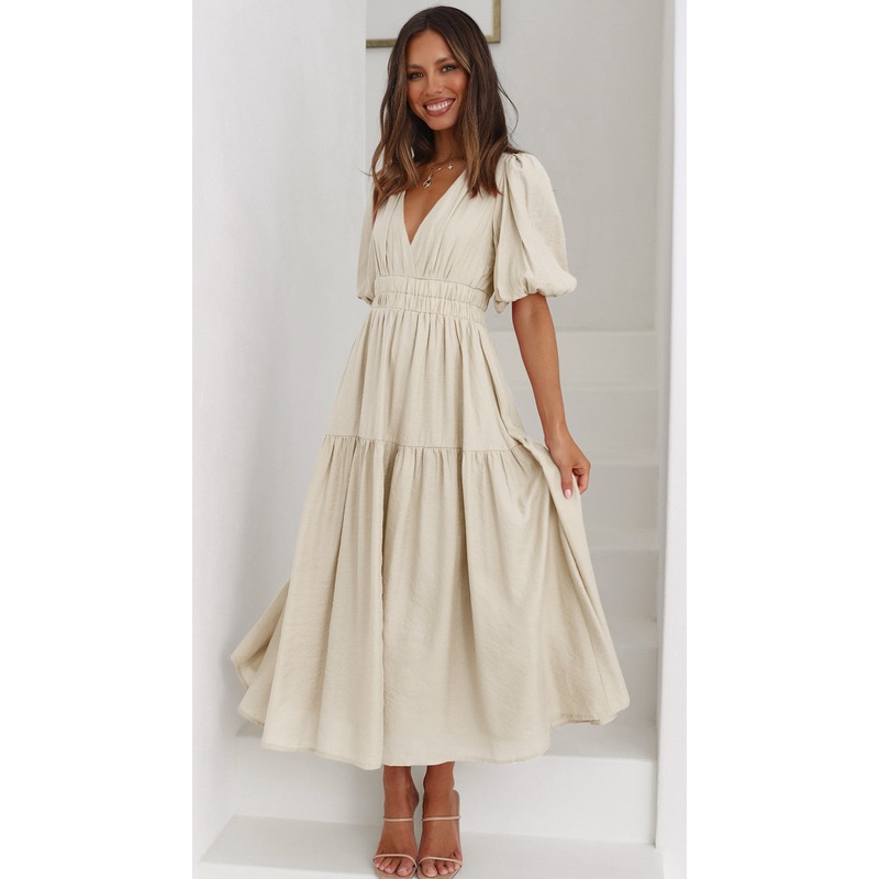 Beige Deep V Neckline Tiered Midi Dress