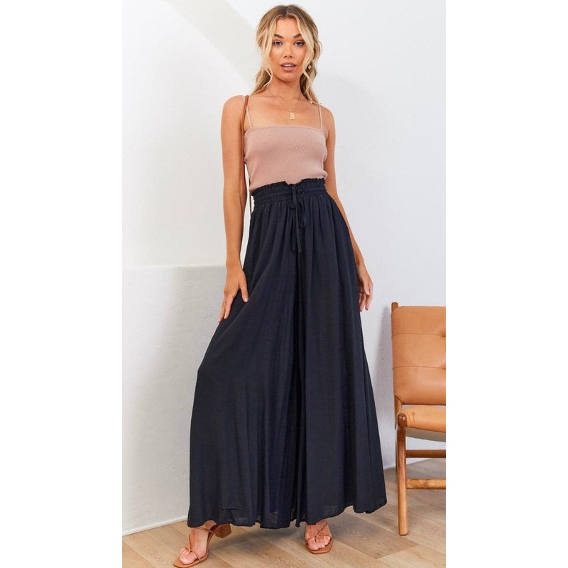 Black Solid Wide-Leg Casual Pants