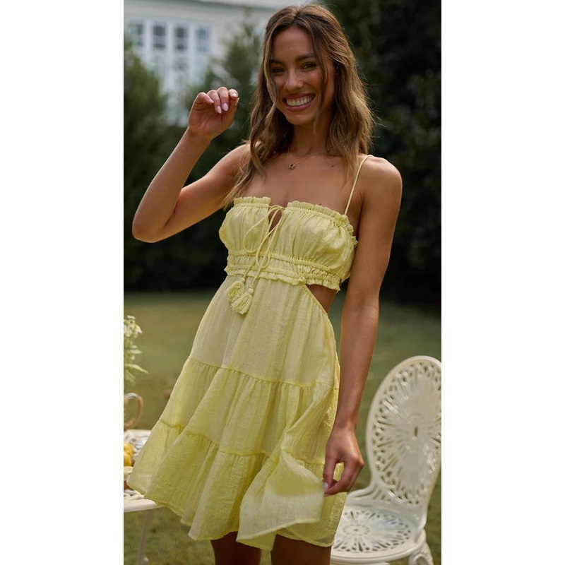 Yellow Pleated Slip Mini Dress
