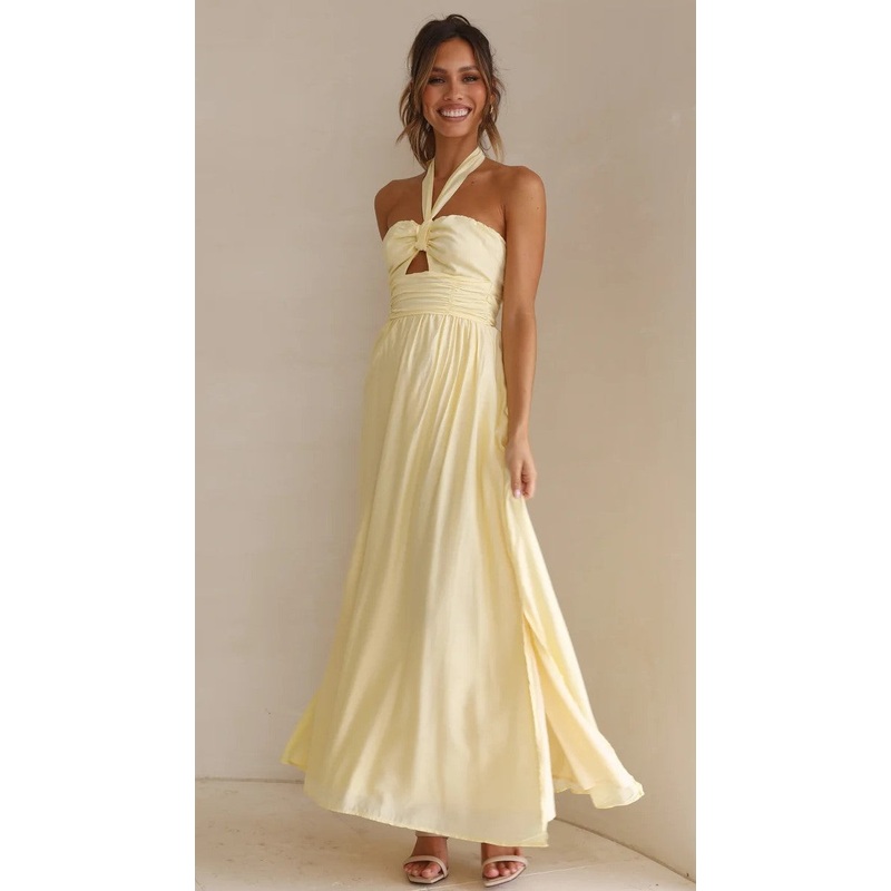 Yellow Solid Halter Maxi Dress