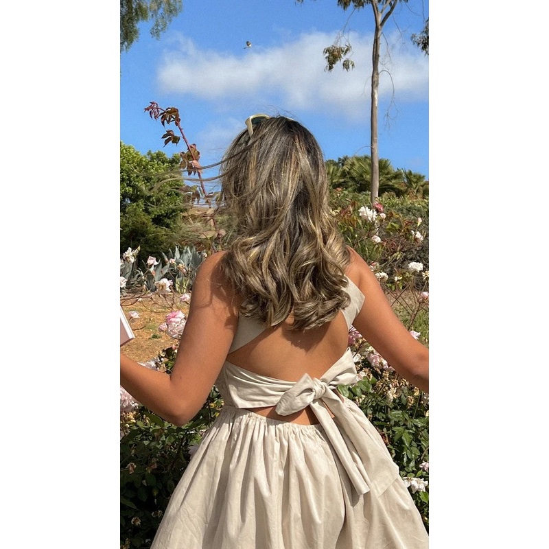 Beige Back Bow Mini Dress