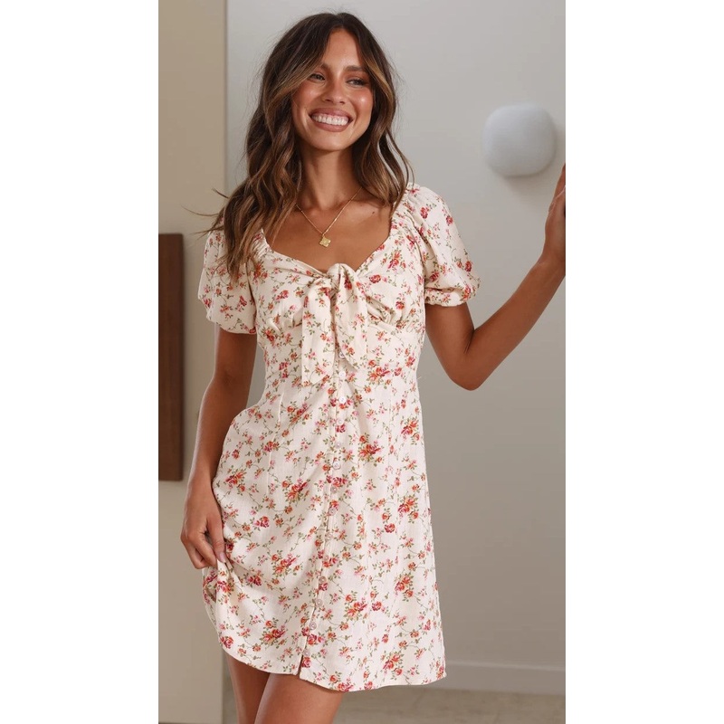Beige Dainty Floral Mini Dress