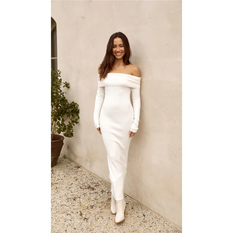 Angels Sing Off Shoulder Knit Maxi Dress White