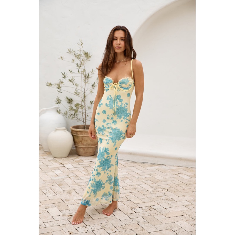 Provence Petals Mesh Maxi Dress Yellow