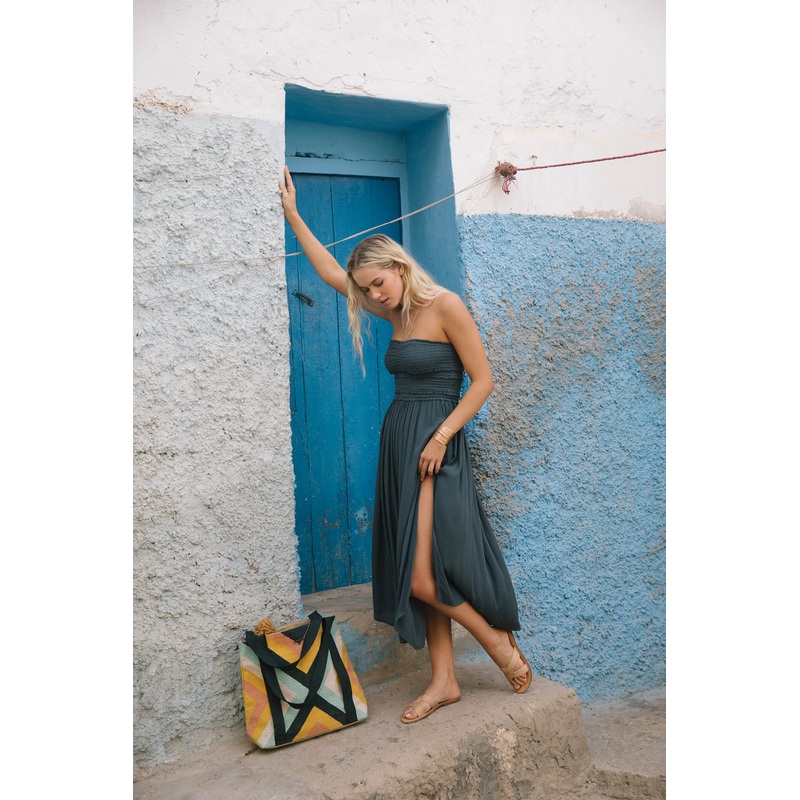 DEVYN SMOCKED STRAPLESS MIDI DRESS