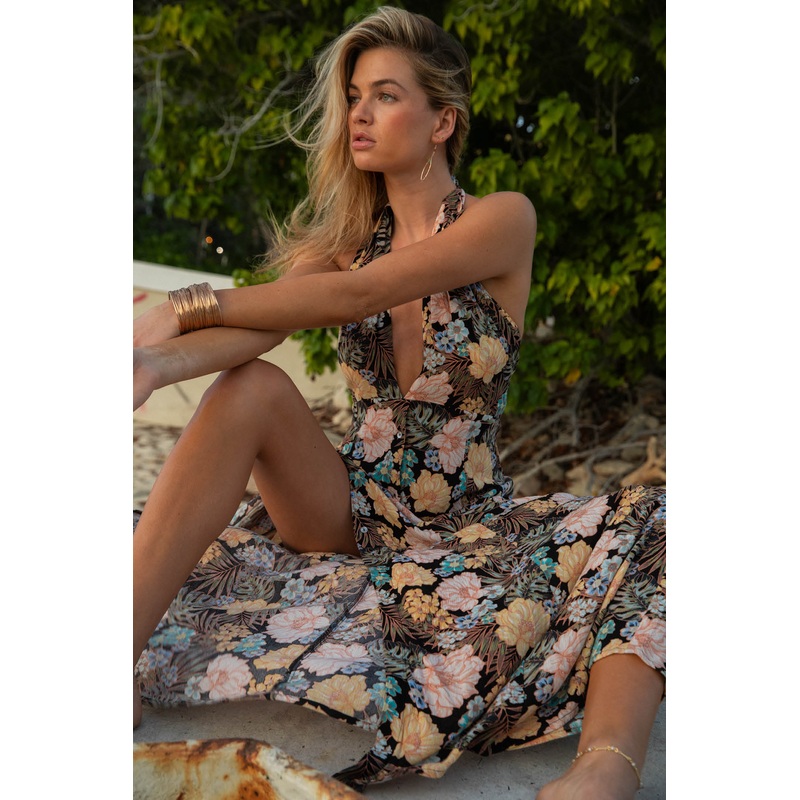 JEMMA MACAW TROPICAL HALTER MAXI DRESS