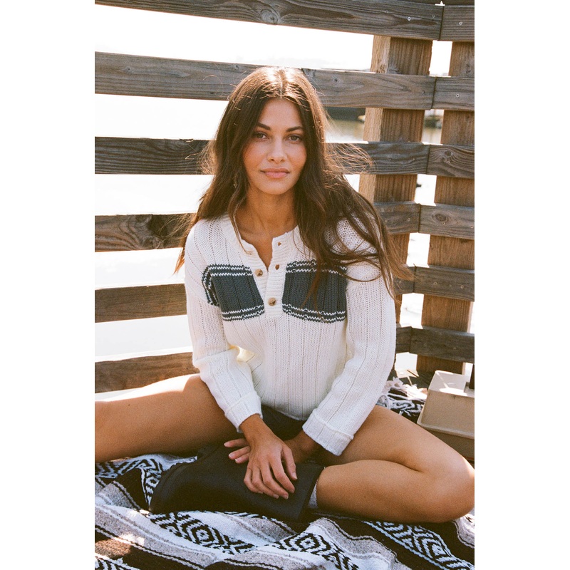 OCEANFRONT STRIPE HENLEY LONG SLEEVE SWEATER